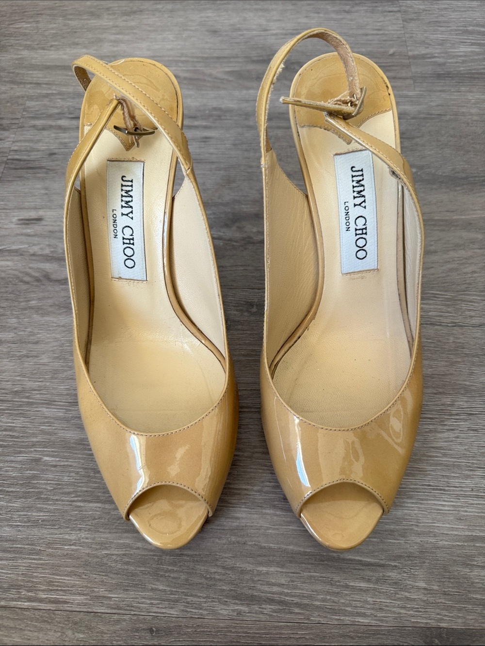 Jimmy Choo Beige Patent Leather Peep-Toe Slingback Heels